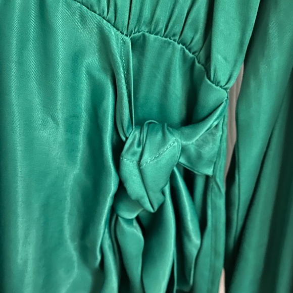 ZARA - Satin Green Long Sleeve High Neck Wrap Dress - Picture 3 of 5